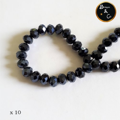 Perles en verre  à facettes abaque couleur noir brillant  - 8x6 mm - lot de 10