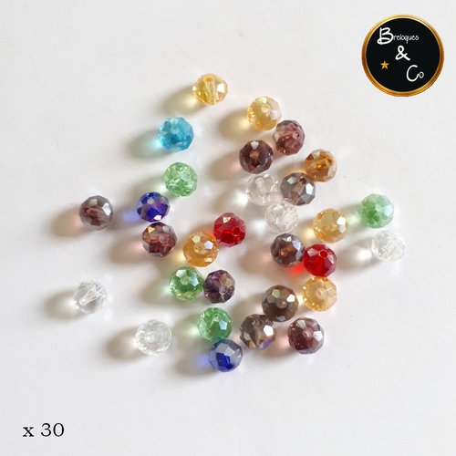Perles en verre  à facettes abaque couleurs mixte  - 8x6 mm - lot de 30