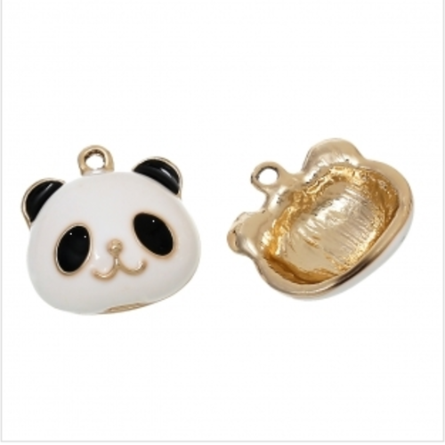 Pendentif / breloque tête de panda  - métal doré et émail blanc et noir 