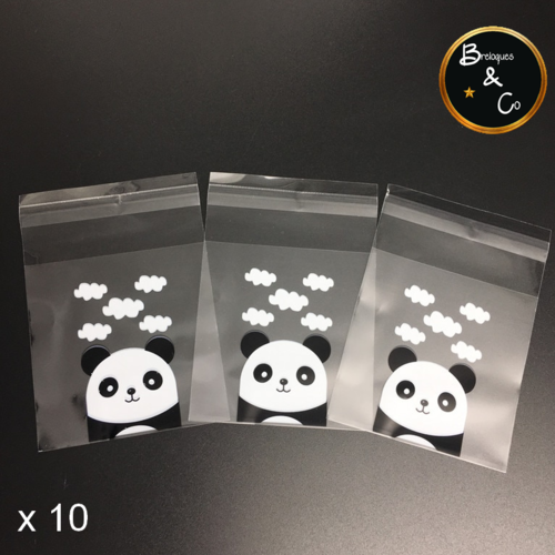 Sachet / pochette cellophane - crystal - avec bande adhésive - décor panda - lot de 10