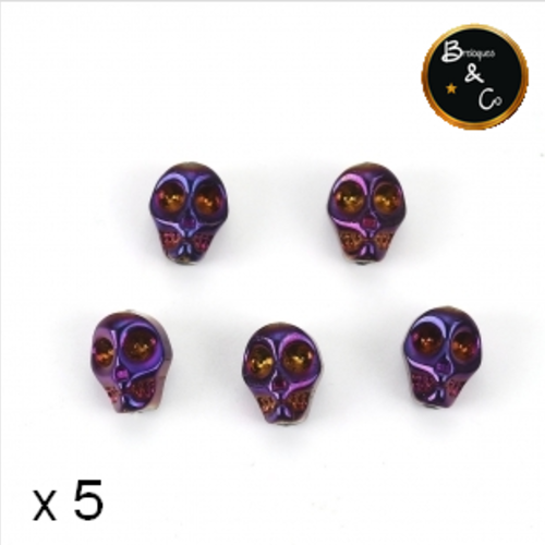 Perles tête de mort en verre couleur violet/or - halloween - lot de 5
