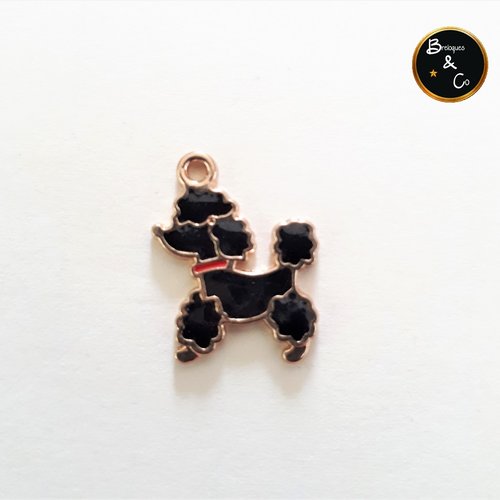 Breloque - pendentif - chien caniche - métal doré émaillé noir et rouge