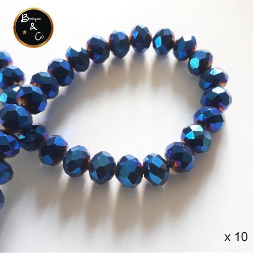 Perles en verre  à facettes abaque couleur bleu nuit  avec reflets   - 8x6 mm - lot de 10