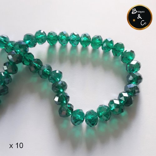 Perles en verre  à facettes abaque couleur vert foncé   - 8x6 mm - lot de 10