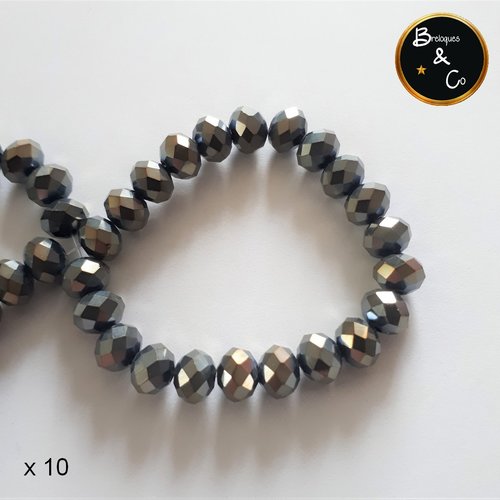 Perles en verre  à facettes abaque couleur gris ardoise  avec reflets or  - 8x5 mm - lot de 10