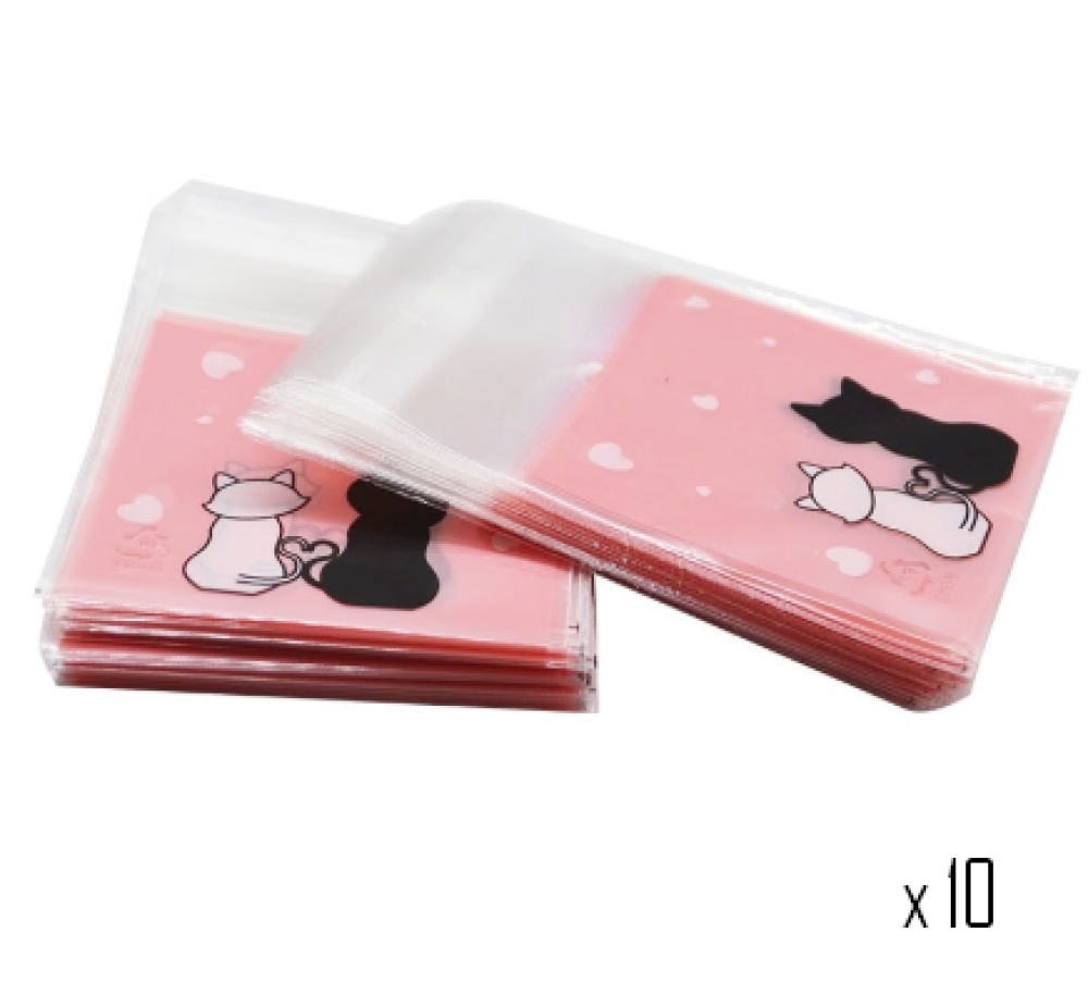 Sachet / pochette plastique - avec bande adhésive - décor chats -  transparent rose clair - lot de 10 - Un grand marché