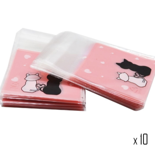 Sachet / pochette plastique - avec bande adhésive - décor chats - transparent  rose clair - lot de 10