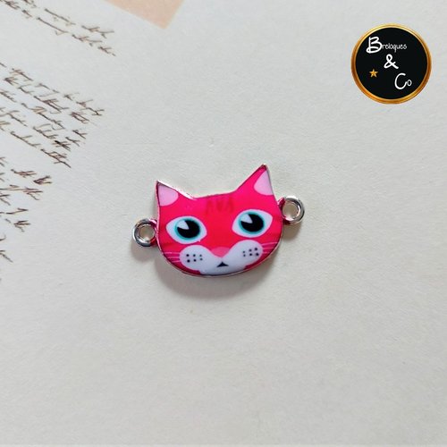 Connecteur tête de chat métal argenté émaillé rose