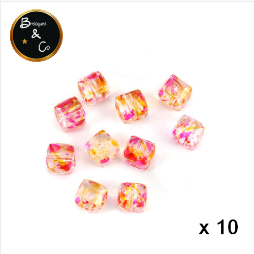 Perles en verre carré à facettes transparent rose et jaune  - lot de 10