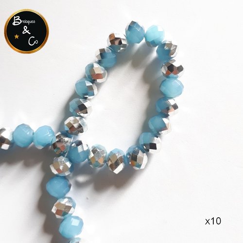 Perles en verre  à facettes abaque couleur bleu et argenté   - 8x6 mm - lot de 10