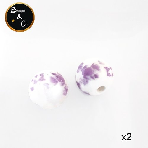 Perle céramique blanche motifs fleurs mauves - 12mm - lot de 2