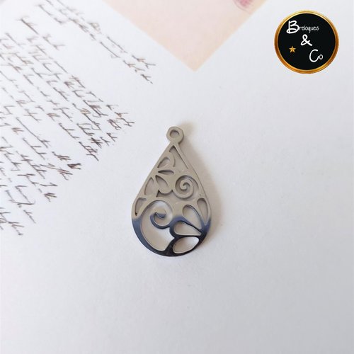Pendentif forme goutte style fleurs en acier inoxydable