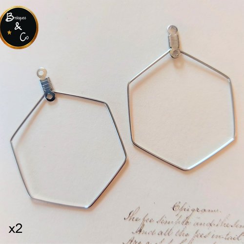 Pendentif hexagone - support boucles d'oreilles - acier inoxydable - 30 x 40 mm - 1 paire