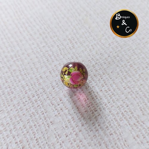 1 perle en verre peinture fleurs - perle japonaise tensha  - 12 mm - rose transparent