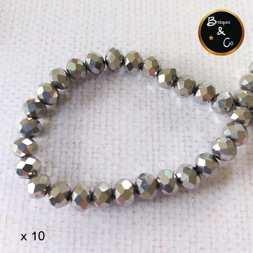 Perles en verre  à facettes abaque couleur argent  - 8x6 mm - lot de 10