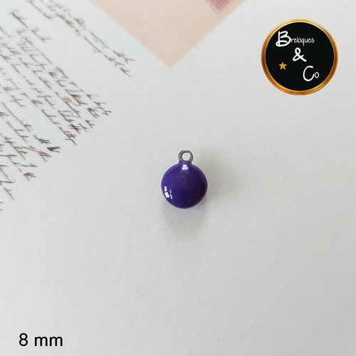 Breloque ronde acier inoxydable émaillé violet 8 mm