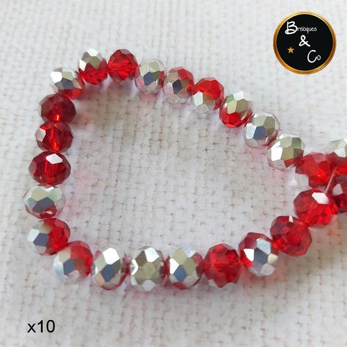 Perles en verre  à facettes abaque couleur rouge et argenté   - 8x6 mm - lot de 10