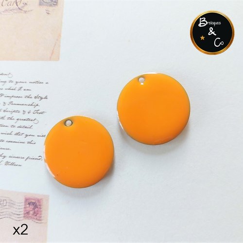 Breloques ronds - sequins émaillés - ronds orange  -  20 mm - lot de 2