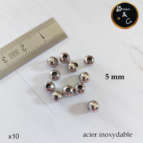 Billes - perles rondes intercalaire en acier inoxydable 304 - 5 mm - trou : 2 mm / lot de 10