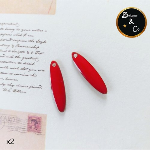 Breloque - sequin navette / marquise émaillée 20 x 5 mm - couleur rouge - lot de 2