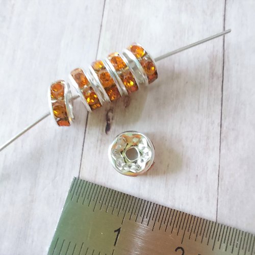 Perle rondelle intercalaire à strass orange 8mm / lot de 6