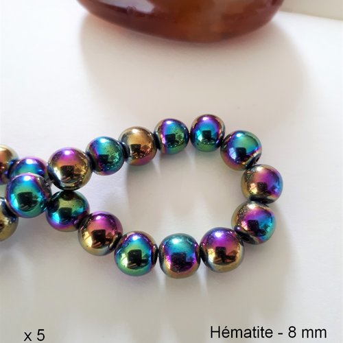Perle ronde hématite arc en ciel / multicolore - 8 mm - lot de 5