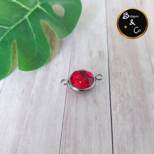 Connecteur en acier inoxydable et verre rouge à facettes - 14 mm diamètre