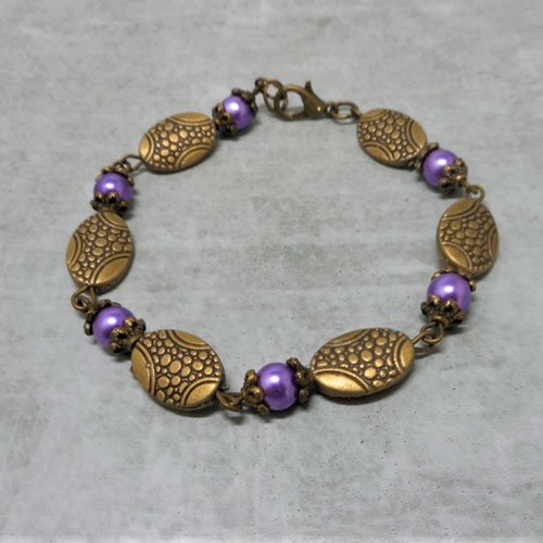 Bracelet bronze, perles bronze et violettes par breloques et cie