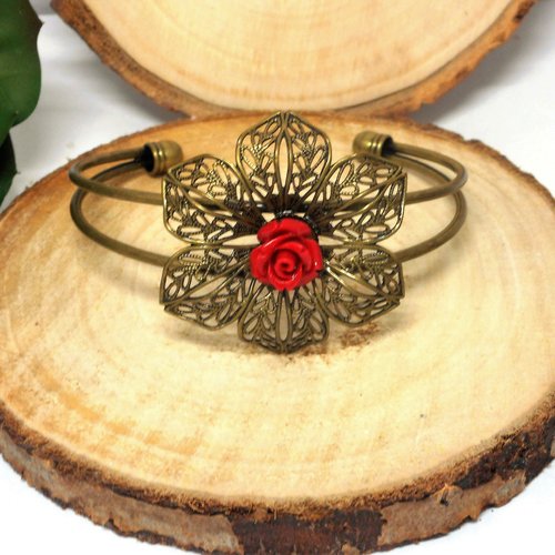 Bracelet rigide, bronze, fleur et fleur rouge par breloques et cie