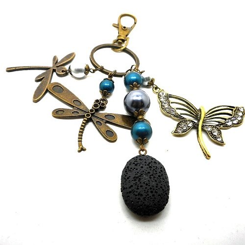 A parfumer!!! bijou de sac bronze, breloques libellules perles grises et bleu canard