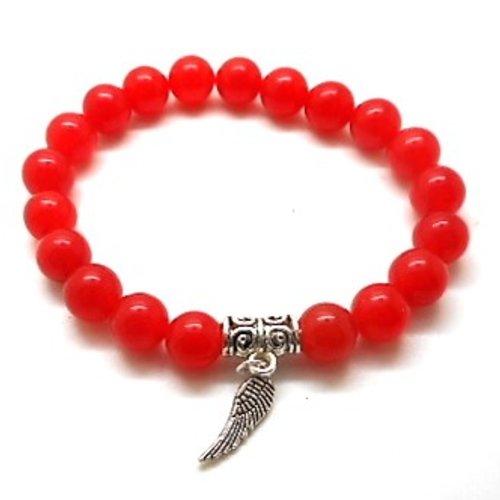 Bracelet perles naturelles rouges et breloque feuille argentée
