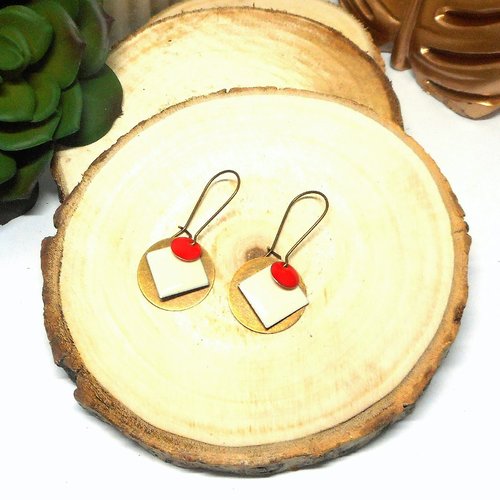 Boucles d'oreille dormeuses bronzes sequin rond et losange email beige et rouge