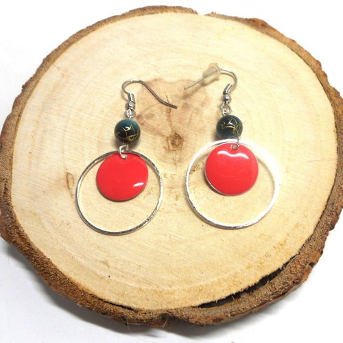 Boucles d'oreille rondes, sequin rose et perles grises par breloques et cie