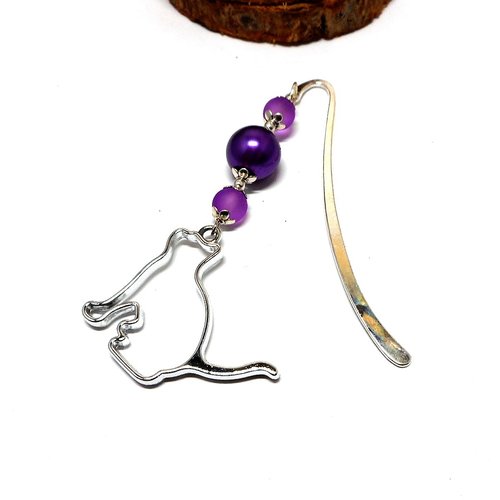 Marque pages bijou argenté, breloque chat perles violettes par breloques et cie