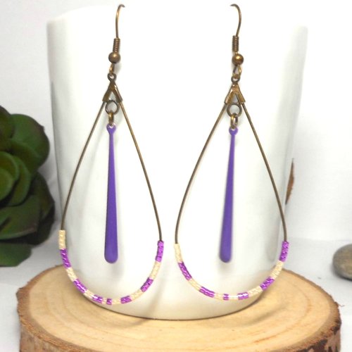 Boucles d'oreilles bronze perles miyuki et goutte violette par breloques et cie