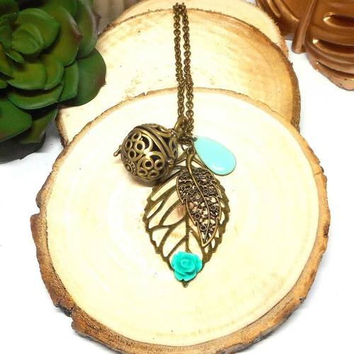 A parfumer!!! collier sautoir a parfumer feuille, fleur verte, breloque goutte email par breloques et cie