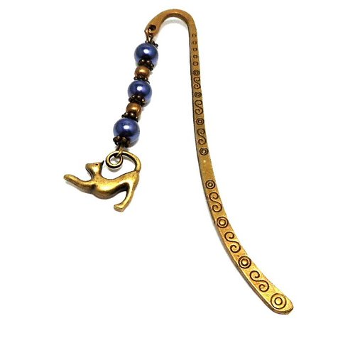 Marque page bronze breloque chat, perles bleues par breloques et cie