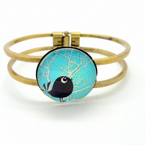Bracelet fantaisie rigide bronze, oiseau sur fond turquoise