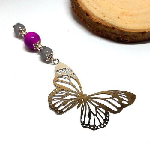 Marque page papillon filigrane, perles grises et violette par breloques et cie
