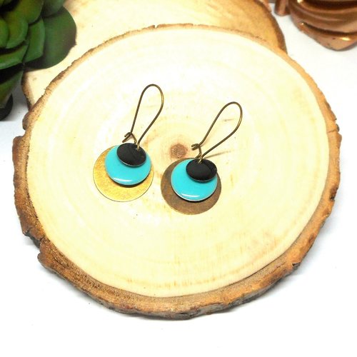 Boucles d'oreilles dormeuses sequins emaillés turquoise et noir sur bronze