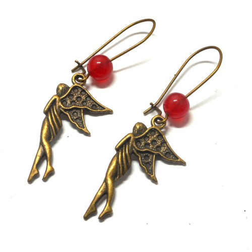 Boucles d'oreilles dormeuses bronze fée perles rouges