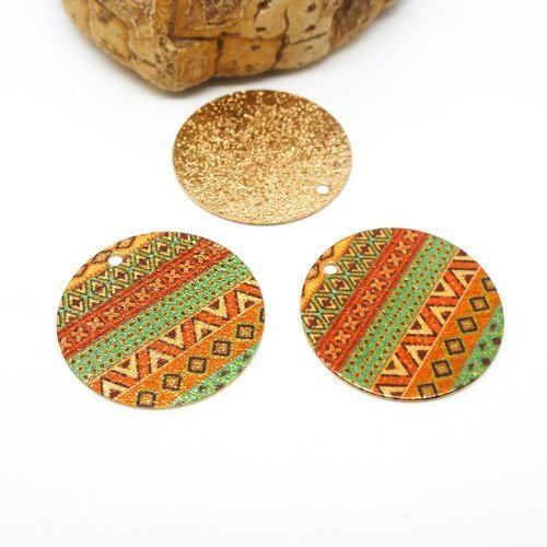 2 breloques rondes 20mm pailletées imprimé aztèque, ethnique vert/orange/doré (8sbdp05)