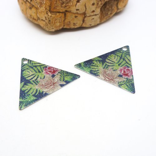 2 breloques triangle 22*19mm, pailletés imprimé fleurs, argent/vert/bleu/rose (8sbdp18)
