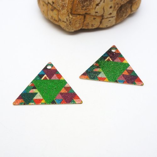 2 breloques triangle 22*19mm, pailletés imprimé triangle, géométrique doré, vert, multicolore (8sbdp23)