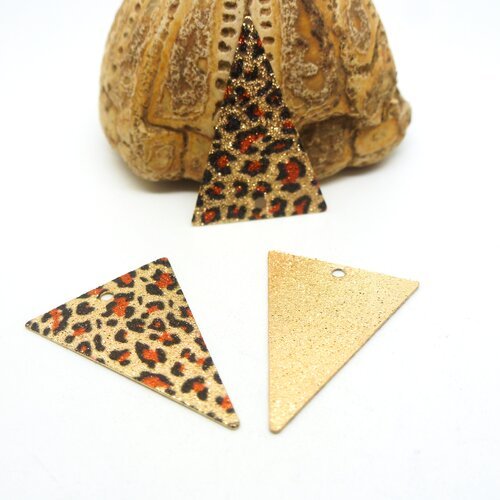 2 breloques triangle 25*18mm, pailletés imprimé léopard, imprimé animal doré/marron/noir (8sbdp33)