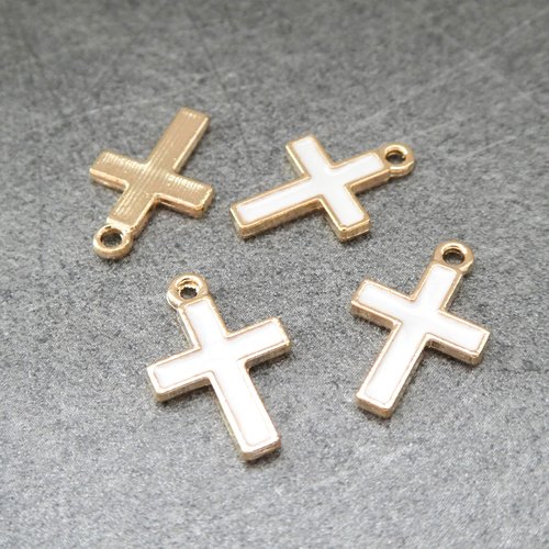 4 breloques croix 17*11mm doré et émail blanc (8sbd208)