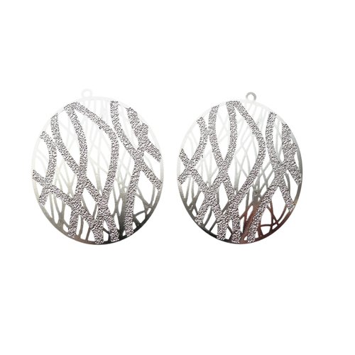 2 grandes estampes ovales filigranées 44x35mm texture pailleté en laiton argenté - pendentif ovale filigrané argent (8sef125)