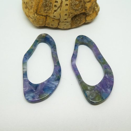 2 pendentifs ovales irréguliers en acétate de cellulose - 41*19mm - bleu/violet (kr72)
