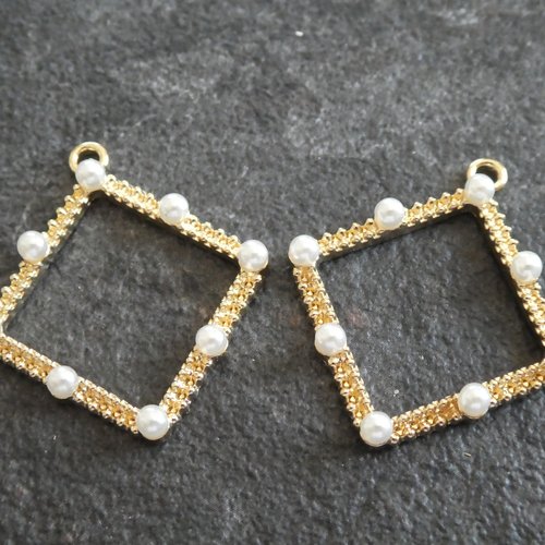 2 pendentifs losange avec perles blanches - 33*30mm - doré / breloques géométriques losange (8sbd172)