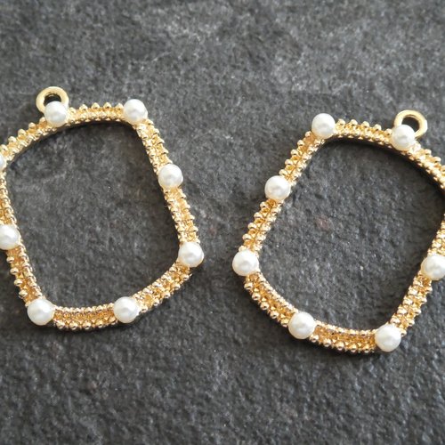2 pendentifs géométriques rectangle avec perles blanches - 34*24mm - doré / breloque rectangle doré (8sbd173)